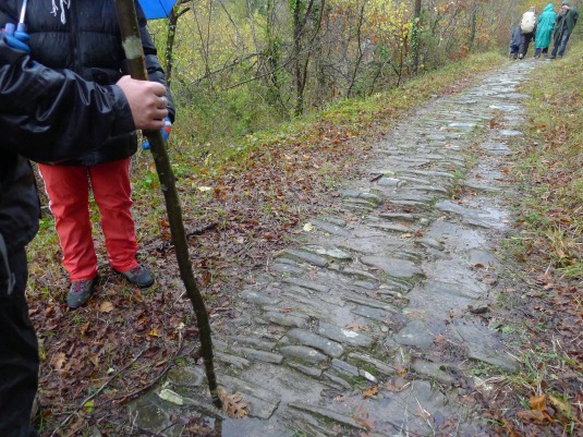 21 novembre, partenza da Bagno sotto la pioggia. Ma indomiti, i compagni di cammino non si fermano! E' l'antico percorso che da sempre i pellegrini calpestavano fino al passo Serra (1149 metri), e si conserva una bellissima pavimentazione.